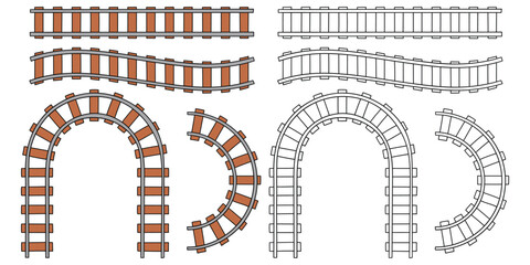 Hand-drawn cartoon and doodle set of train railway roads on a white background. © Павел Костенко