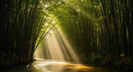 Obraz premium Sunlight streams through a dense bamboo forest onto a flowing river, creating a serene and ethereal natural landscape.