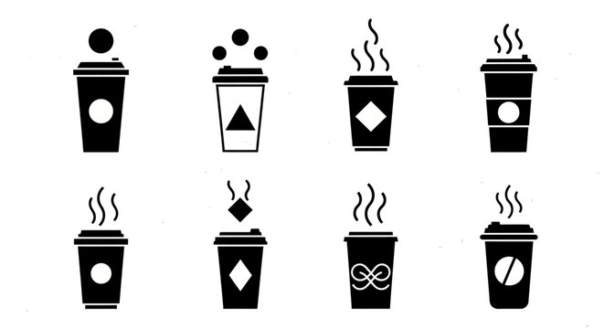 Collection of eight black and white coffee cup icons with various symbols and steam illustrations