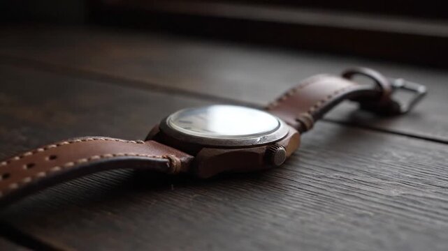 Close-up of a vintage brown leather strap watch on a dark wooden surface