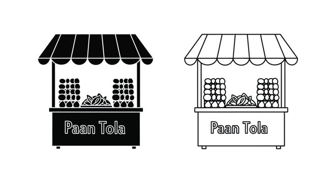 Two views of a Indian  paan tola stall one solid and one outline silhouette