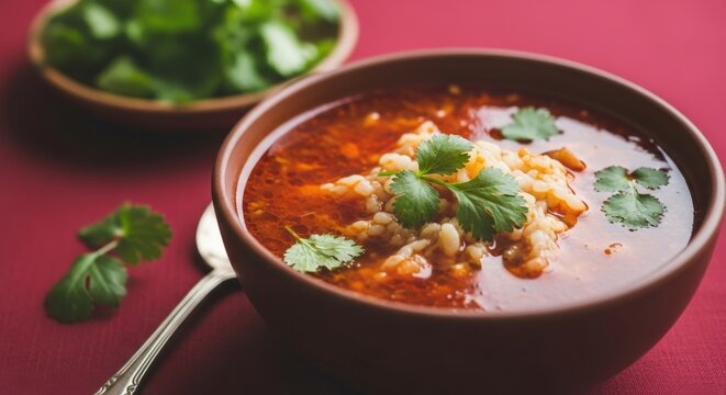 Authentic Georgian Kharcho Beef Soup in Clay Ketsi Bowl with Steam and Red Negative Space