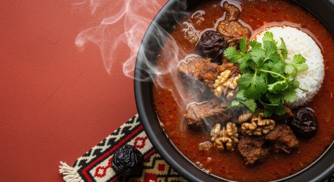Authentic Georgian Kharcho Beef Soup in Clay Ketsi Bowl with Steam and Red Negative Space