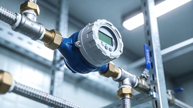 A digital water meter installed on metal pipes in a modern utility room. The meter displays a clear digital readout, indicating water usage.
