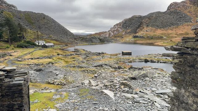View to the Abandoned Slate Quarry Village at Lake Cwmorthin, Snowdonia National Park Mountain, Gwynedd, North Wales, UK