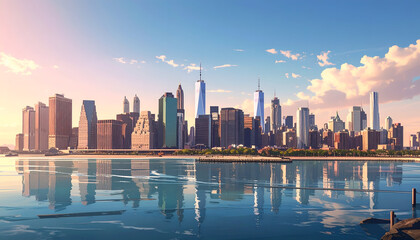 Fototapeta premium A scenic waterfront view of a towering urban skyline at sunset, reflected in tranquil water