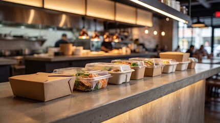 Fototapeta premium Takeout food containers with sandwiches and salads on a counter in a modern restaurant interior, fast casual dining concept.