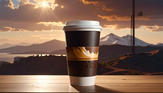 A coffee cup sits on a wooden table, with mountain vista in background & sunrise