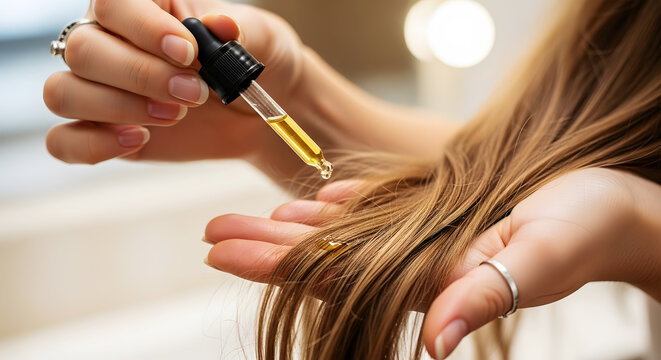 Woman applying golden hair oil serum with dropper to brown hair hand