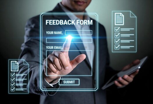 A businessman's finger points at a glowing "FEEDBACK FORM" on a transparent digital screen, prompting users to submit their valuable opinions.