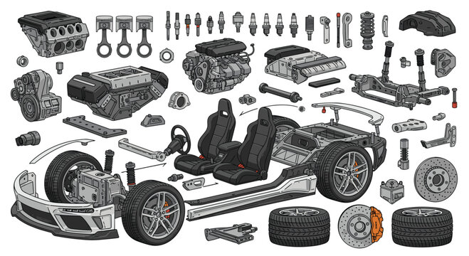 An intricate exploded isometric diagram displays a multitude of gray and black car engine and chassis components on a neutral background.