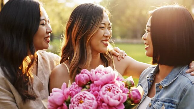 Three happy Asian women embracing with flower bouquet in park