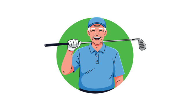 A smiling elderly man in a blue polo shirt and cap holds a golf club over his shoulder, depicted within a green circle on a white background.