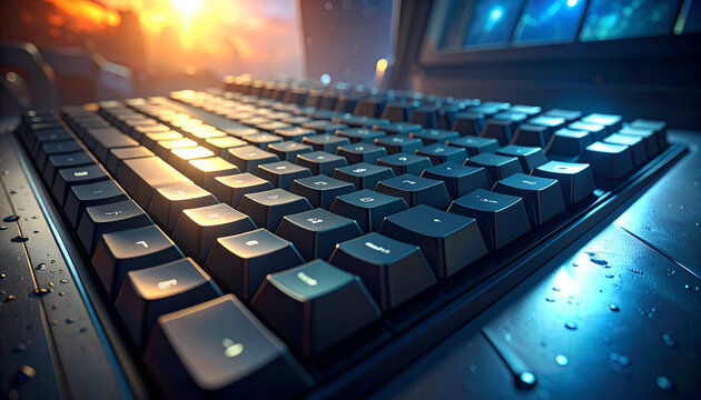 A close-up of a backlit keyboard, with vibrant lighting and a futuristic setting