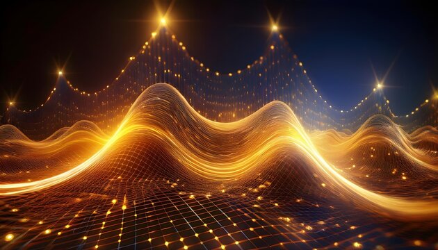 Dynamic futuristic background featuring glowing golden data waves flowing across a digital grid landscape with illuminated spherical nodes and interconnected network lines.