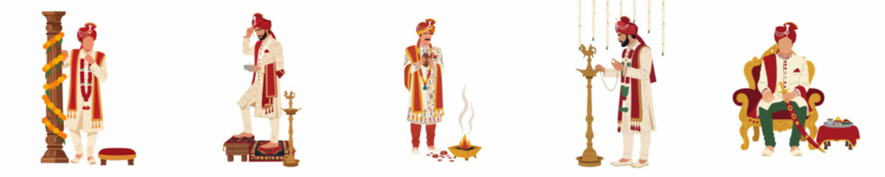 Illustration collection of an Indian groom in traditional wedding attire performing various sacred rituals and ceremonies.