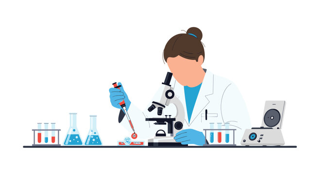 A female scientist in a white lab coat and blue gloves is intently using a microscope and a pipette amidst various laboratory equipment.