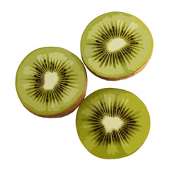 Fototapeta premium Three green kiwi fruits sliced in half with black seeds visible isolated on white background, Vector