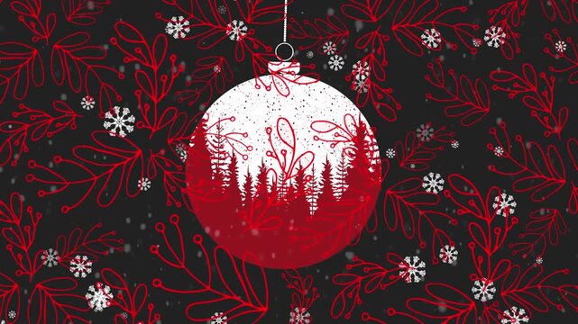 Snowflakes falling over hanging bauble decoration against red floral designs on black background