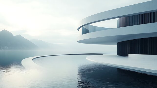 Serene Lakeside Retreat: An elegant, modern home graces the tranquil waters of a serene lake, its curved architecture harmonizing with the surrounding landscape of majestic mountains.