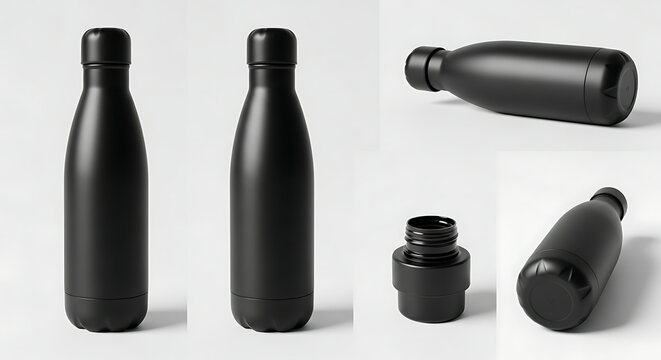 Matte black insulated reusable water bottle mockup collection