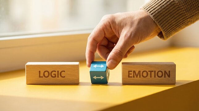 Hand balancing logic and emotion wooden blocks to represent psychological decision making and rational choice.