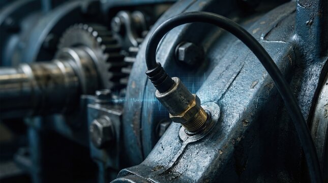 Industrial sensor installed on a heavy machine for predictive maintenance and vibration monitoring in a factory.