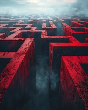 Lost in the Labyrinth: A captivating perspective of a complex maze shrouded in mist, the path ahead filled with mystery and uncertainty.