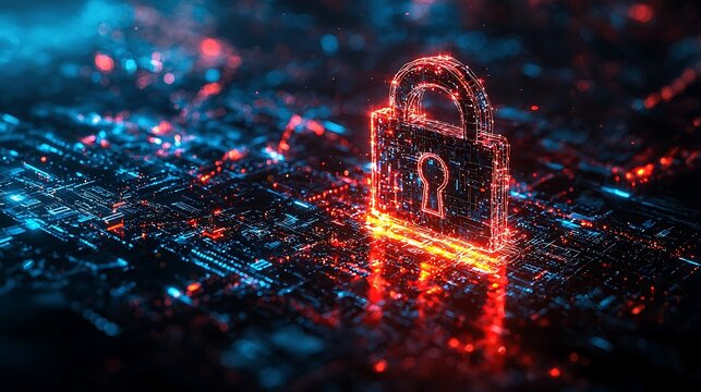 Digital Fortress: A glowing lock symbol shines amidst an intricate network of digital code, representing security, protection, and the safeguarding of data in a cyber world. 