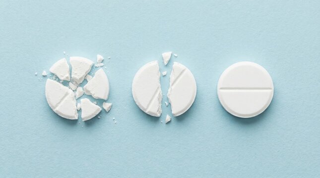 Sequence of white medicinal pills showing the process of breaking and crushing a tablet on a blue background.