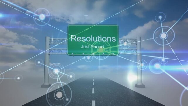 Animation of network of connections with icons over green road sign