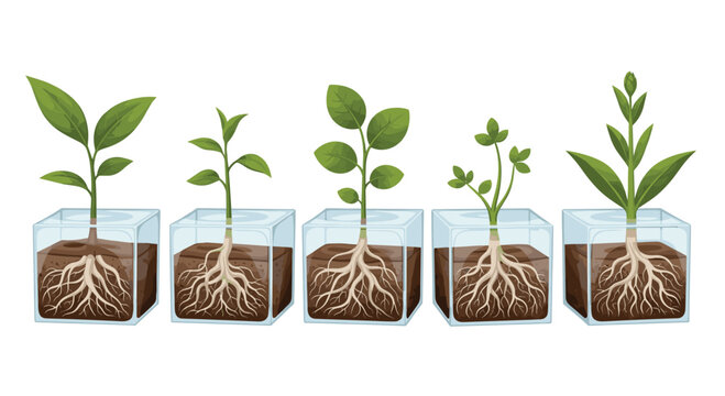 Five individual young green plants are thriving in transparent square containers, clearly displaying their extensive root systems within the rich soil.