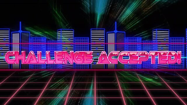 Video of challenge accepted text over glowing pattern and 3d cityscape