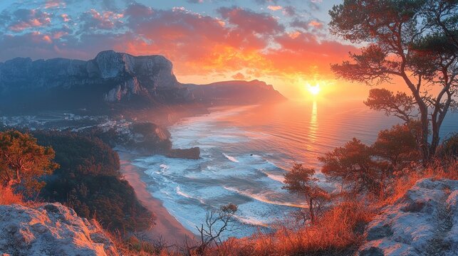 Vibrant Coastal Sunset: Golden Ocean Waves, Majestic Cliffs, and Fiery Sky from High Vantage Point