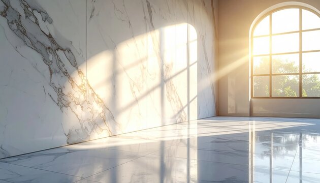 Empty modern room with marble walls, sunlight streaming through a large arched window