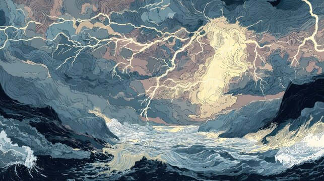 Dramatic Storm Over Ocean: Lightning Strikes, Turbulent Waves, Artistic Illustration.