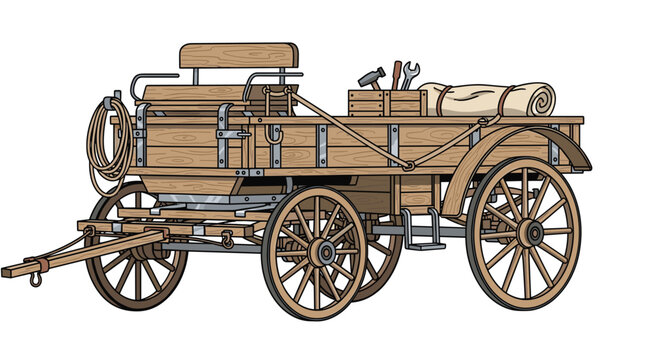A vintage wooden horse-drawn wagon, equipped with a driver's seat and a cargo bed holding tools and a rolled canvas, stands with four spoked wheels.