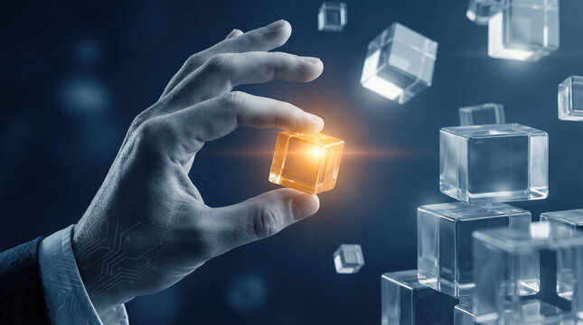 Businessman holding a glowing digital cube representing innovative blockchain technology and data management solutions.