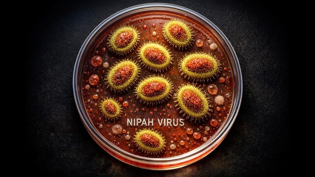 3D animation of Nipah virus cells growing in a laboratory petri dish. Microscopic view of dangerous NiV pathogen with text overlay. Medical concept for infectious disease research and news broadcast
