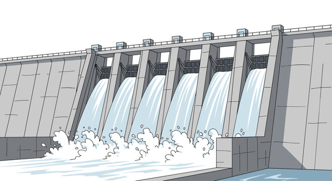 A large, grey concrete dam with five open sluice gates actively releases powerful torrents of frothy water into a turbulent pool below.