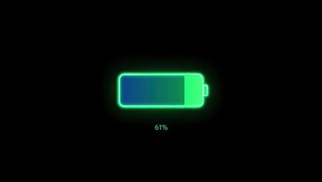 Glowing green battery icon showing sixty one percent charge level on a solid black background.