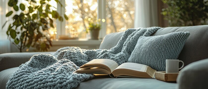 Cozy Reading Nook: Sunlight, Book, Blanket, and Serene Comfort.