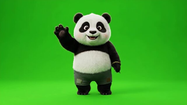 Cheerful Panda Waving on Green Screen  Cute with Funny, Animal, and Background.