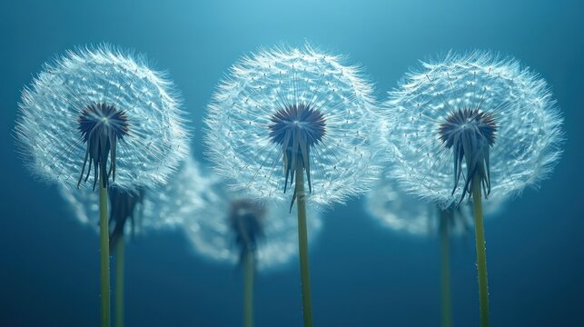 Ethereal Dandelion Seed Heads Glowing in a Serene, Cool Blue Light