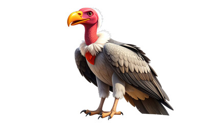 Obraz premium Digital rendering of a vulture with red head, yellow beak, and gray feathers, isolated