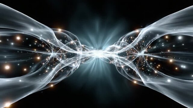 Mystical Fusion of Light and Energy: An ethereal scene of interwoven light beams, sparkling particles, and fluid shapes create a dynamic interplay, revealing a radiant burst of energy at the core.