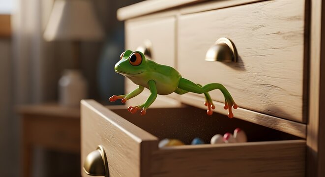Green tree frog jumping out of a wooden drawer in warm sunlight