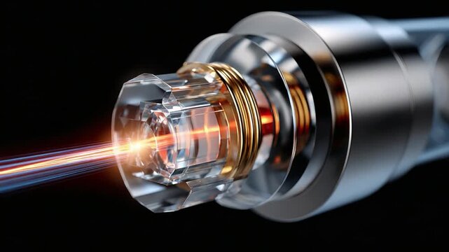 Fiber Optic: A detailed close-up reveals a fiber optic connector, its intricate components and the passage of light, symbolizing modern communication and technology.