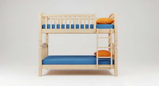 3d realistic rendering of a wooden bunk bed with blue mattresses and orange pillows against a white background