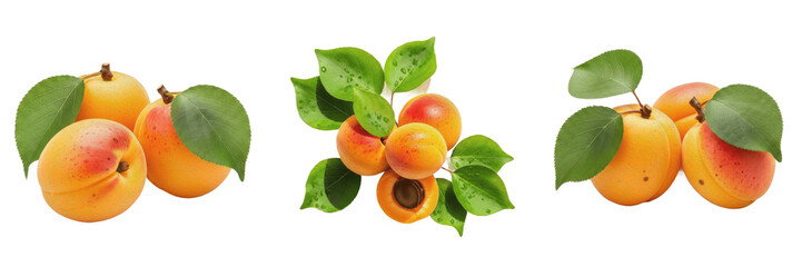 Set of fresh ripe apricots with green leaves isolated on white background